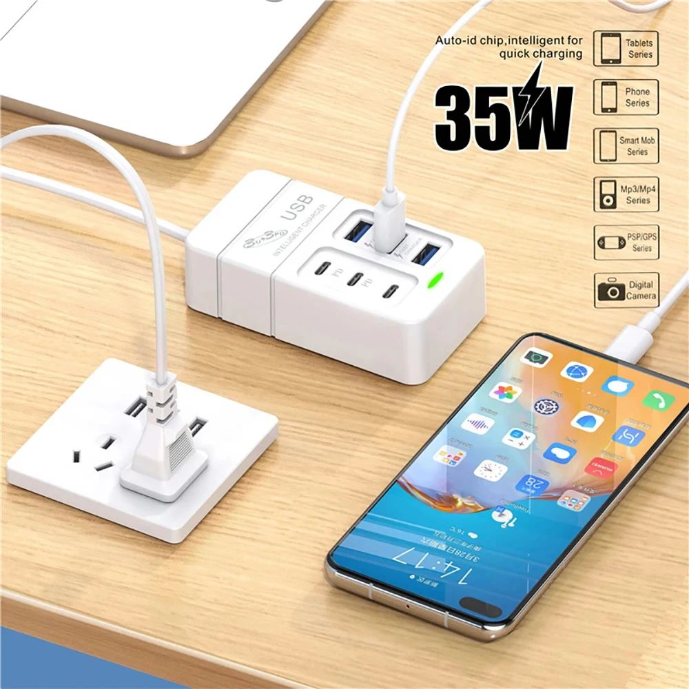 6Ports Multiport USB Charger 35W PD Type-C Mobile Phone Fast Charge Quick Type C Wall Plug Adapter EU US Plug