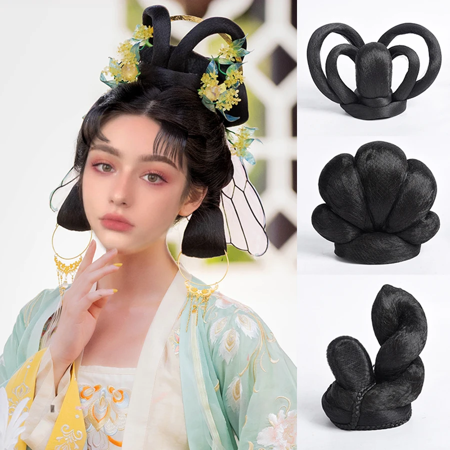 Hanfu Women's Costume Wig Antique Style Cos Synthetic Pad High Hair Bun Long Straight Wig Piece Pad Hair Chignon 112cm anti thunder solid rubber business straight swallow gird umbrella commercial antique anti skidding bird check parasol