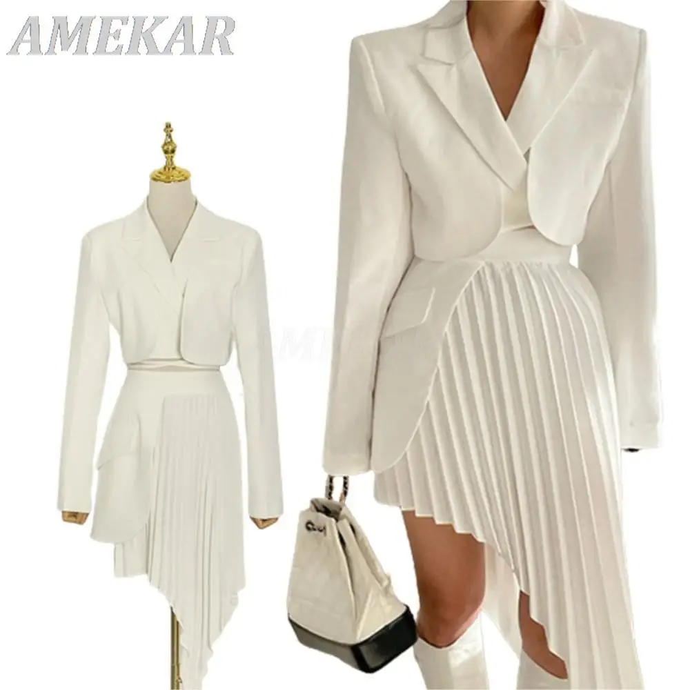 

New Casual White Two Piece Set For Women Designer Notched Long Sleeve Blazer High Waist Irregular Hem Skirt Female Korean Sets