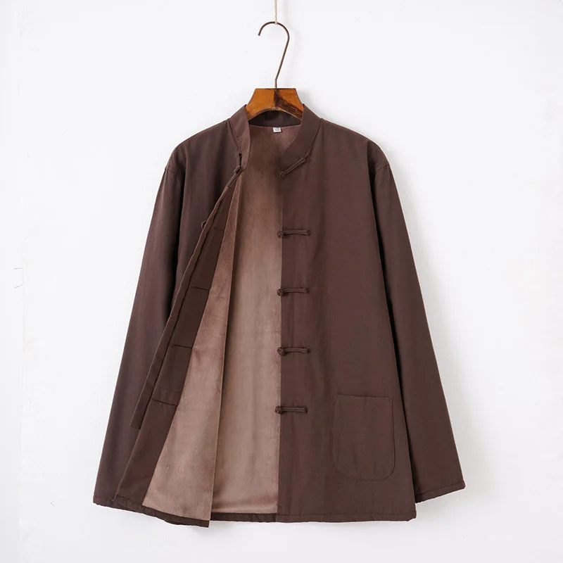 Men's Casual Jacket Autumn Winter Plus Velvet Kung Fu Coat Traditional Chinese Tang Suit Coat Tai Chi Uniform Cotton Tops