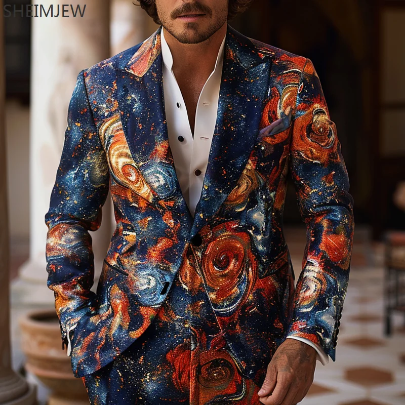 Colorful Printed Suit British Fashion Graffiti Casual Men's Jacket Pants Fashion Casual Men's Suits Party Bar Stage Showing Sets