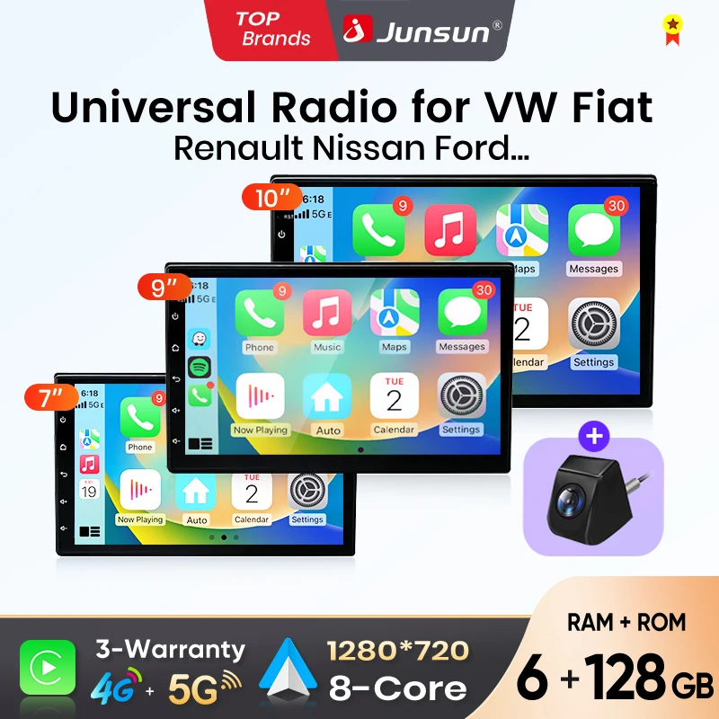 Radio Universal para Auto Junsun de 7, 9 y 10 Pulgadas, CarPlay Inalámbrico, Android Auto, Sistema Multimedia de Navegación Estéreo para VW, Fiat, Renault, Nissan, Hyundai 1