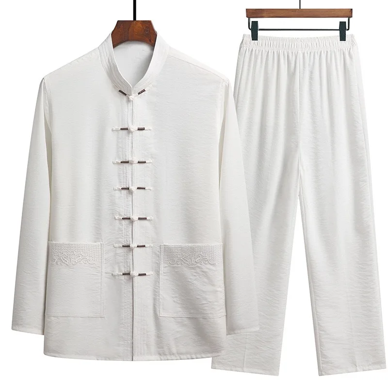 Tai Chi Clothing Set Man Fall Linen Buckle Kung Fu Shirt Oriental Retro Top Pants Breathable Hanfu
