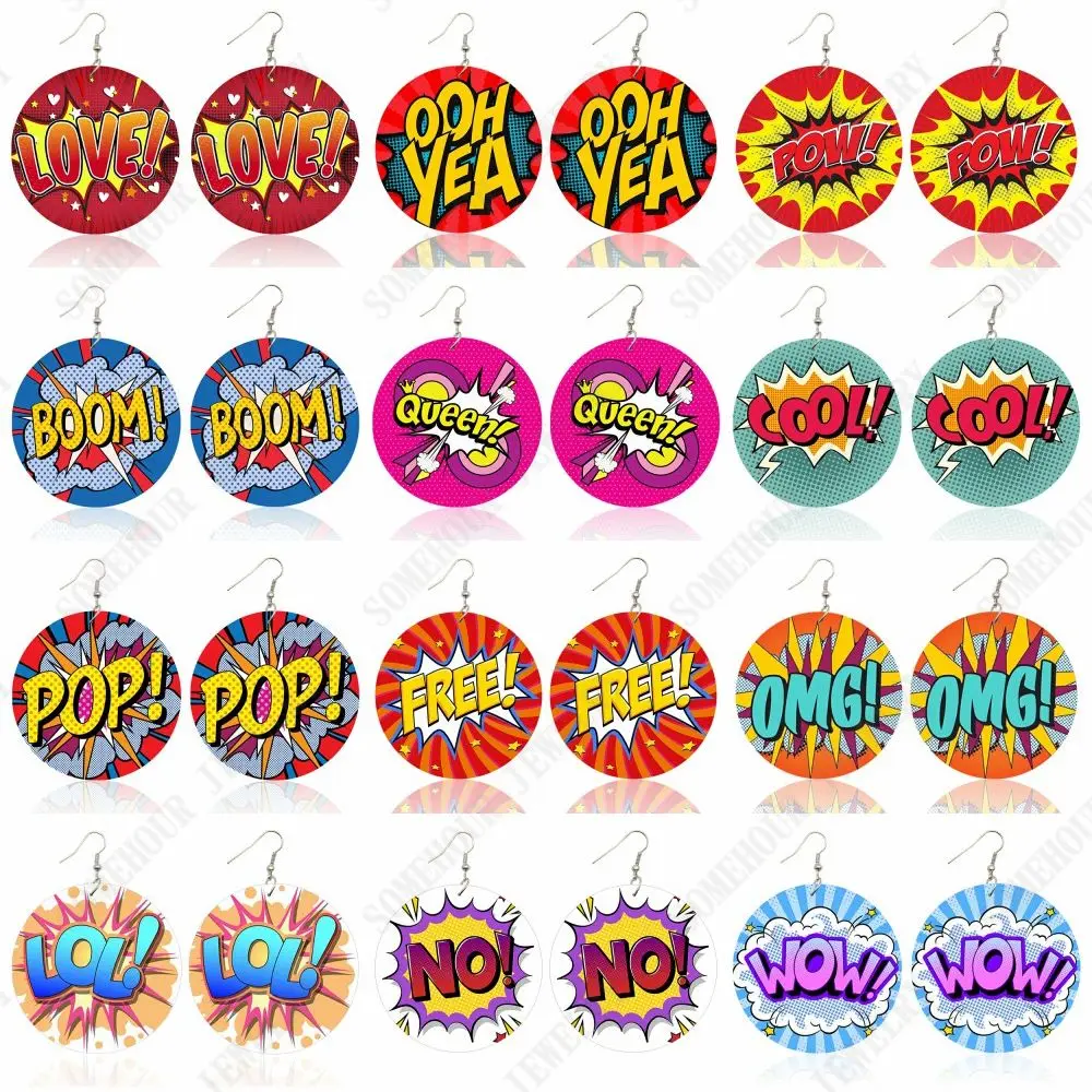 Somethour Love Queen Boom Comic Print Orecchini Pendenti In Legno Omg Lol Bubble Cartoon Cute Pop Loops Ciondola Gioielli Donna Ragazze Regalo