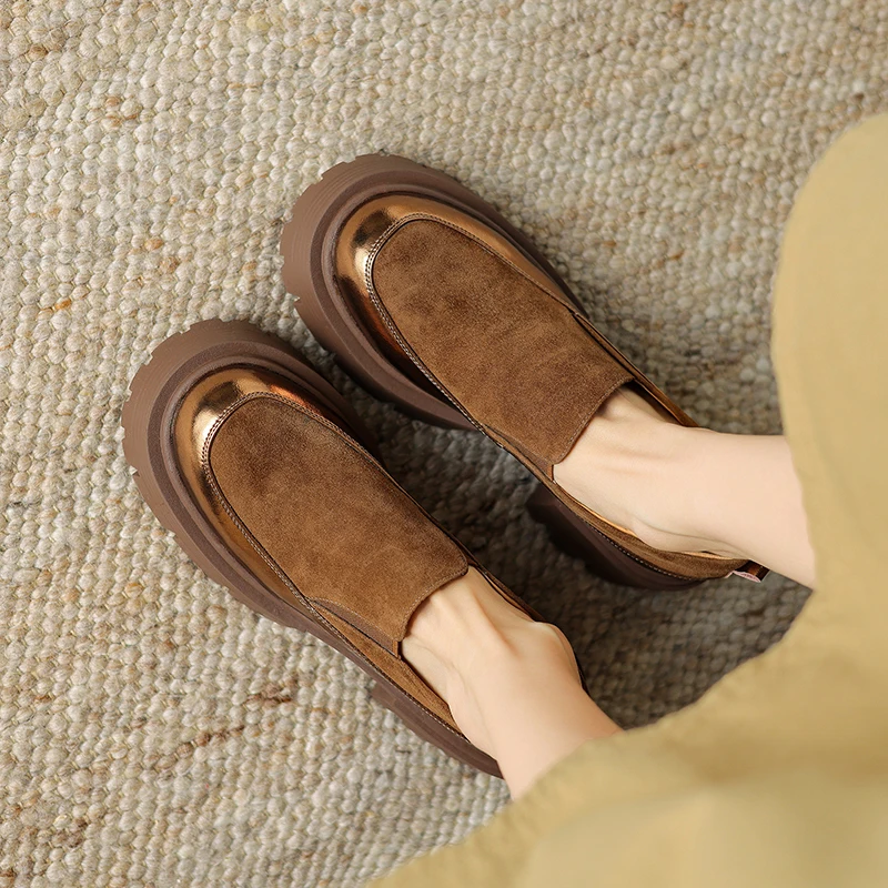 New Platform Women's Loafers Shoes Square Heels Kid Suede Elastic Band Casual Splicing Mixed Colors Retro Style Grinding Texture