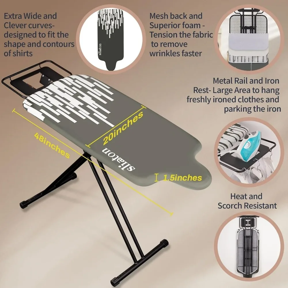 Spacious Ironing Board with Extended Hang Rail and Iron Holder, 63 Length x 20 Width
