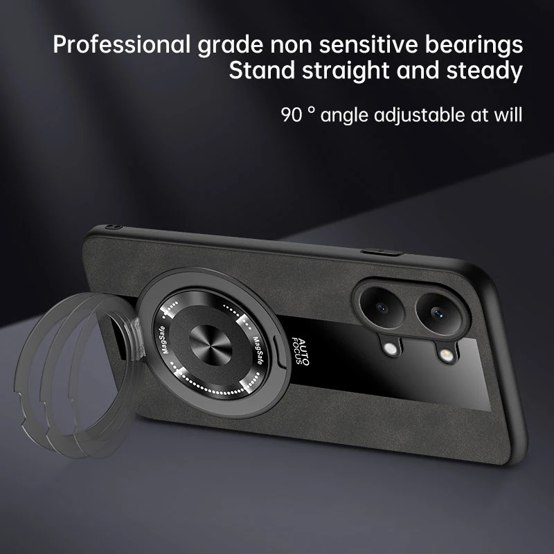 Luxury Leather Magnetic Holder Phone Case with Ring and Silicone Bumper