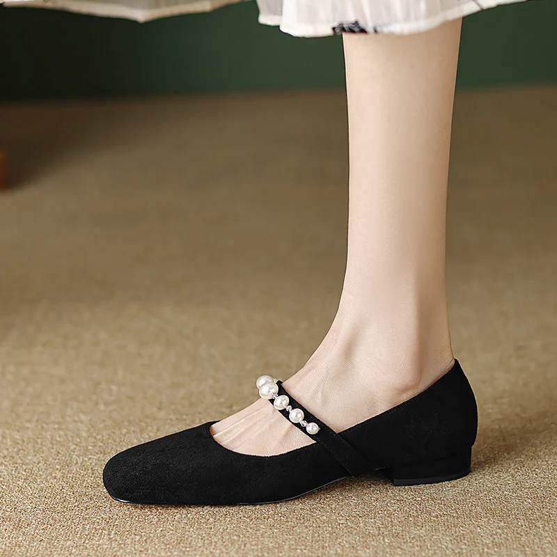 

2024 Spring New Flat Shoes Women Spring Autumn Mary Jane Shoes Square Toe Single Shoes Pearl Buckle Slip on Casual Loafers 40 41