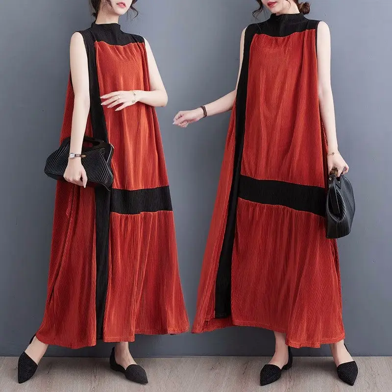 

2023 Summer Clothing Women Casual Korean Version Sleeveless Ruffled Contrast Color Slim And Versatile Fashion Long Dress Z1229