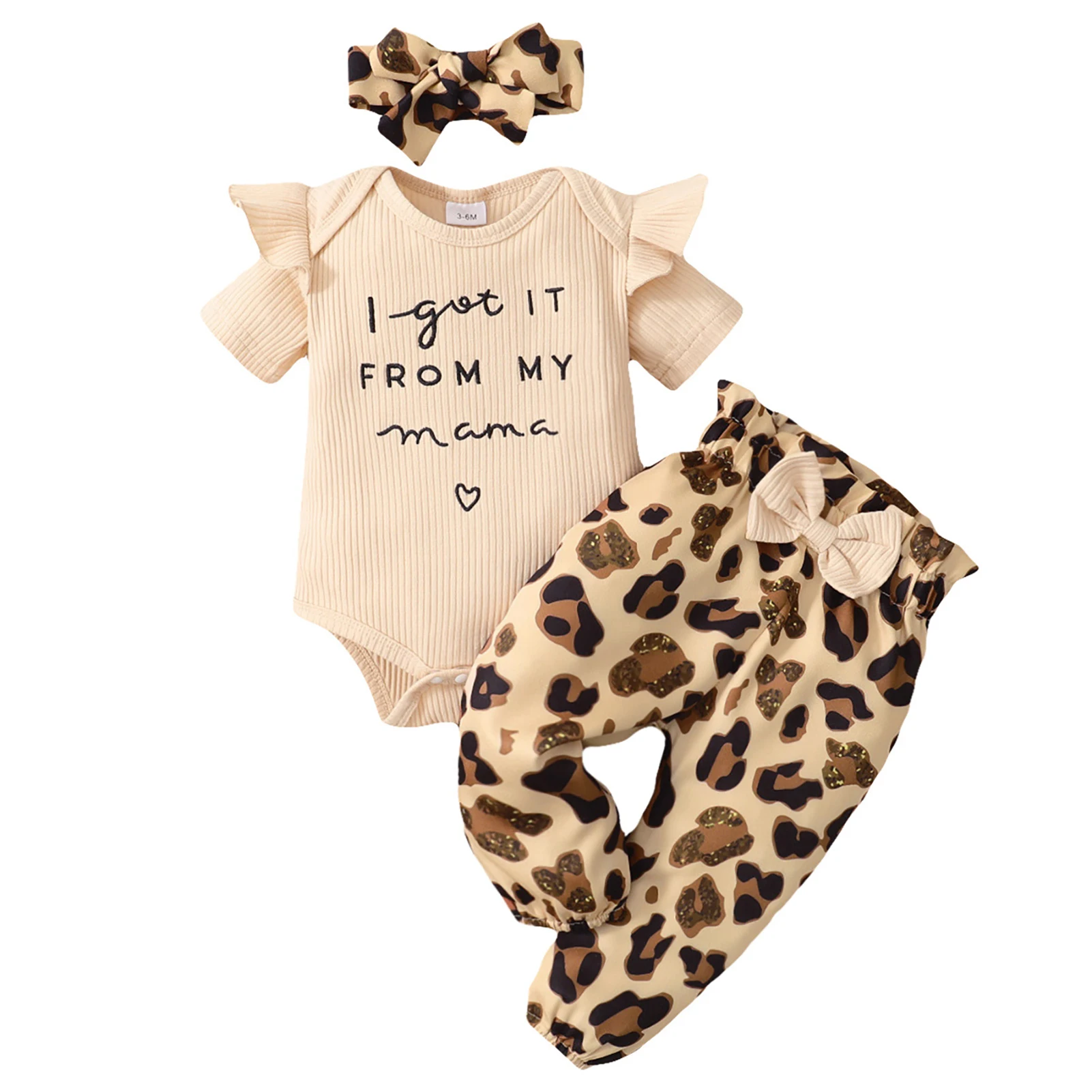 

3pcs Outfit Romper Pants For Girl Soft With Headband Gift Comfortable Infant Baby Clothes Set Letter Leopard Print Elastic