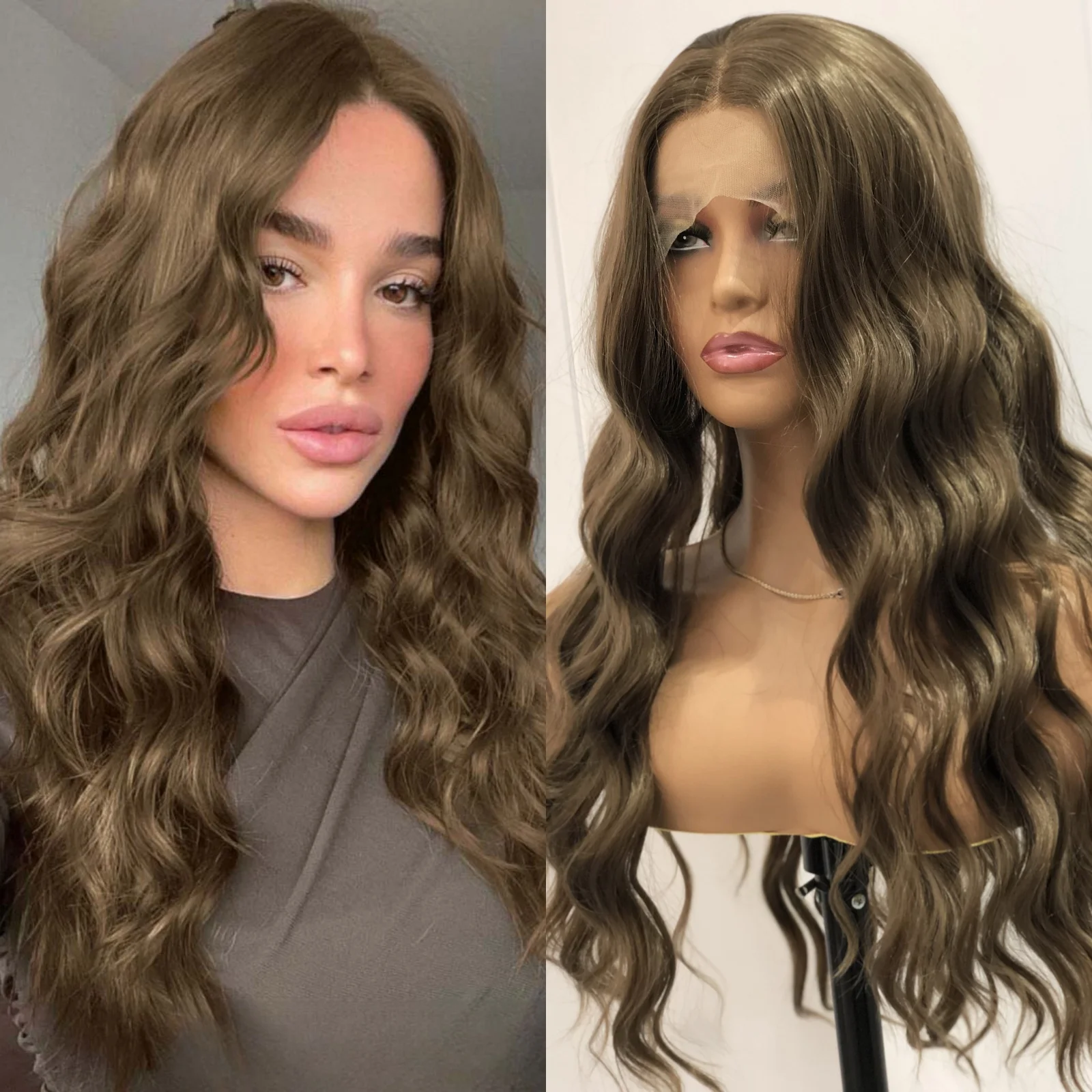 Brown Wig Synthetic Lace Wig Honey Brown Wavy Long Lace Front Glueless Hair for Women synthetic wig