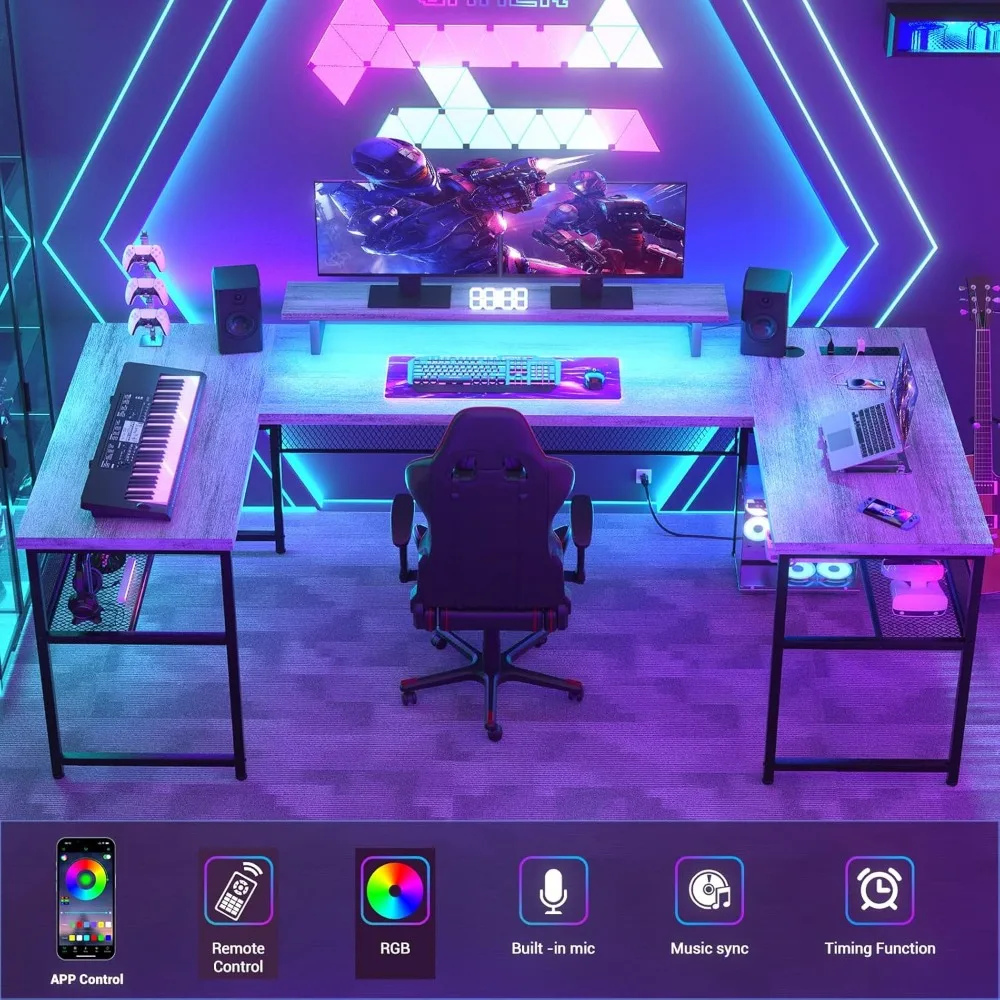 U Shaped Computer Desk with Power Outlet and LED Strip, Reversible L Shaped Office Desk with Monitor Stand and Bookshelf 6