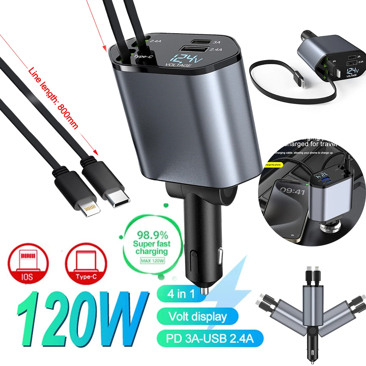 Car Charger USB C Retractable Fast Charge