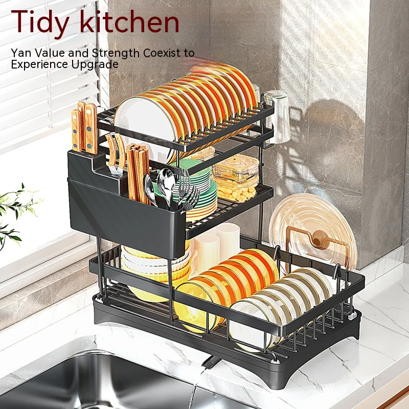 Double-layer Metal Kitchen Dish Bowl Drying Rack with Drainboard Dish Racks  With Chopstick Cage Tableware Organizer Basket