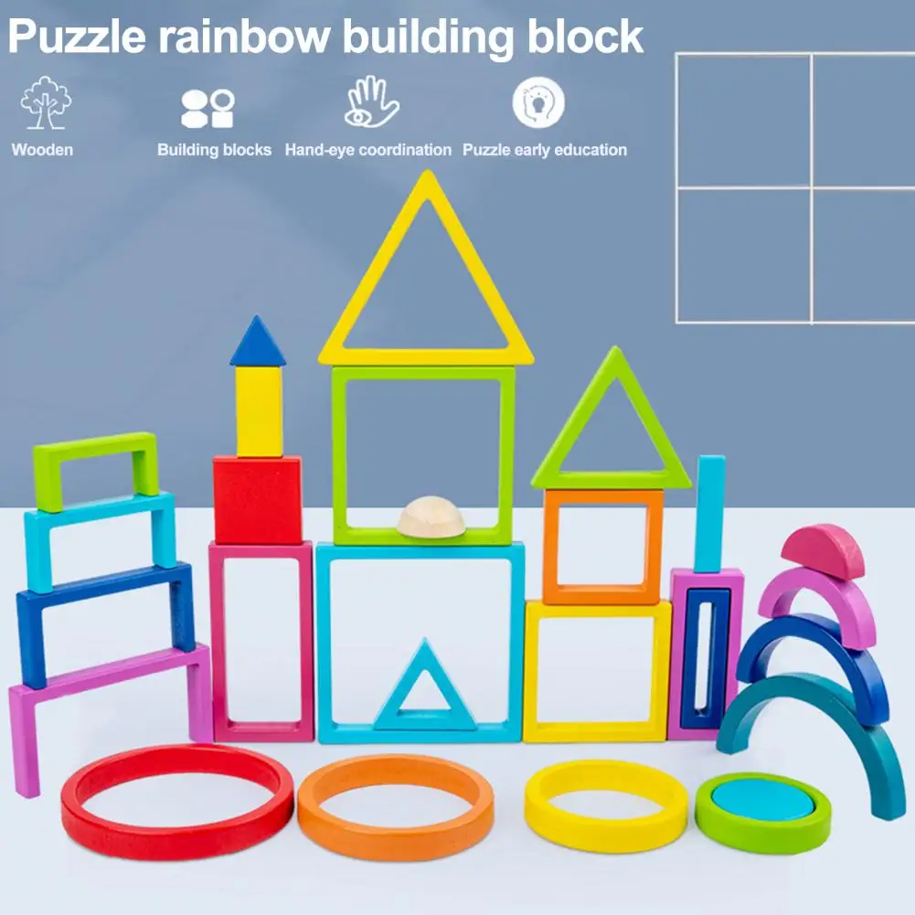 

Kids Wooden Geometric Building Block Rainbow Round Semi-circle Triangle Rectangle Shape Cognition Puzzle Early Education Toy Bir