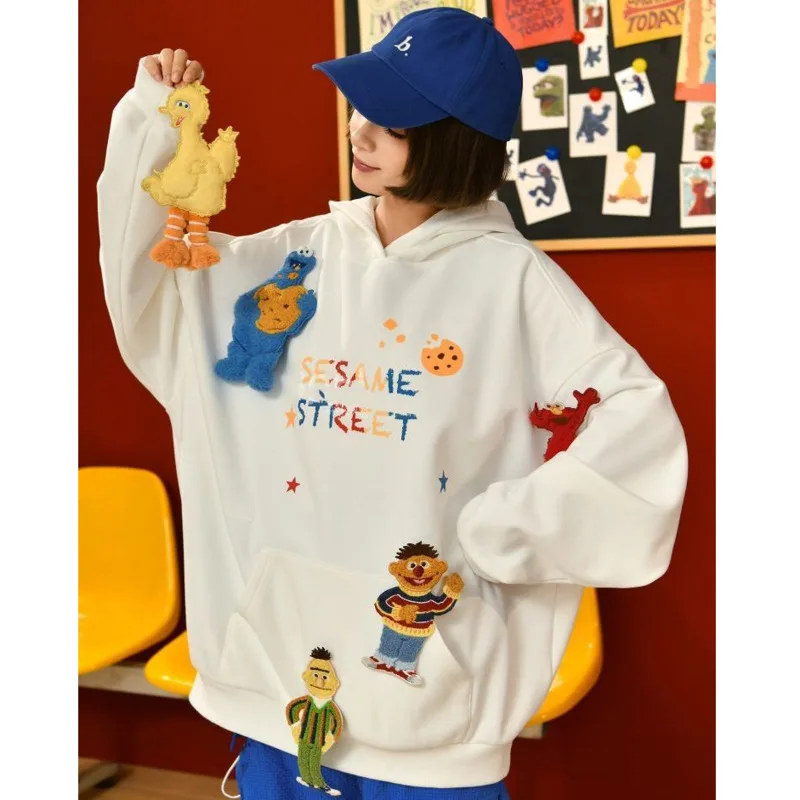 Cartoon Sesames Streets Doll Pullover Korean Fashion Hoodied Shirt High Street Sweatshirt Vintage Oversized Streetwear Outerwear