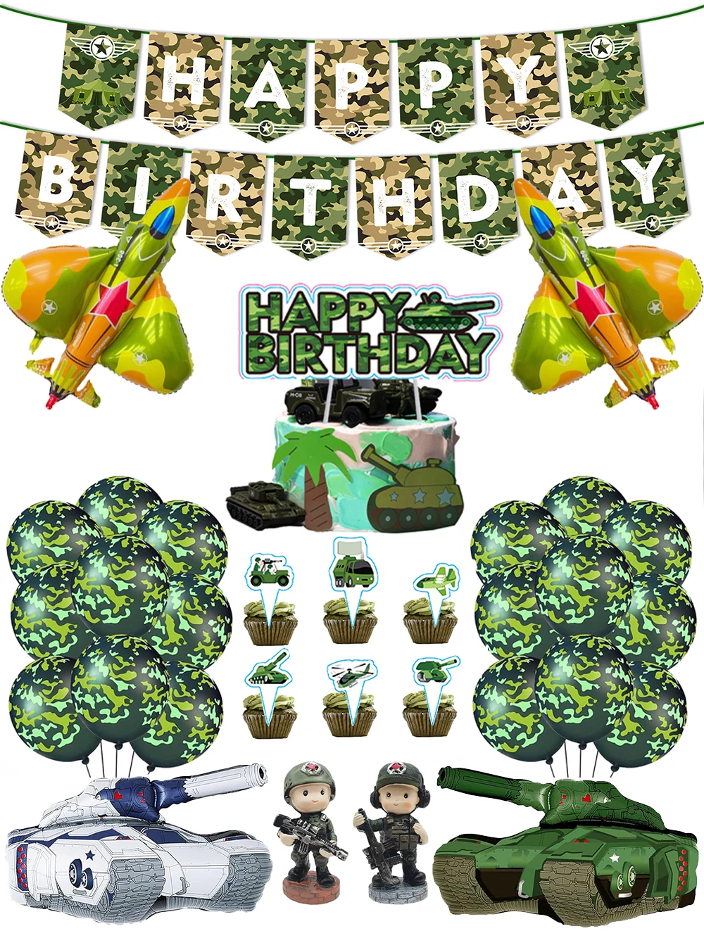 Armee Camouflage Party Folie Tank Flugzeug Ballon Camo Latex Ballon Banner Kuchen Topper für Jungen Militär Geburtstag Dekorationen Spielzeug – Detail 1