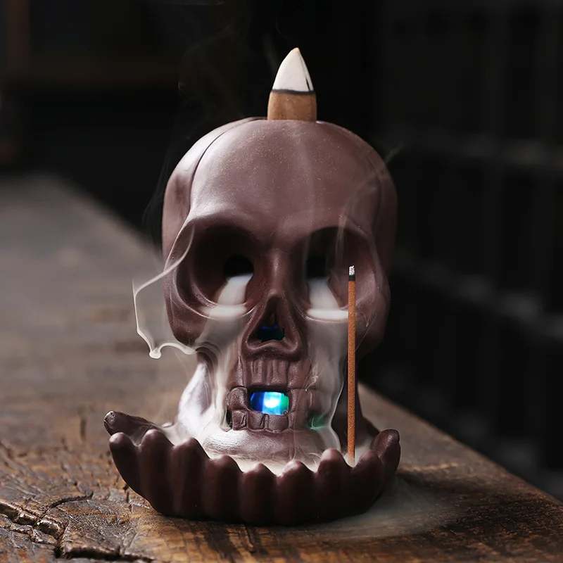 1pc LED Waterfall Skull Incense Burner Skull Backflow Incense Burner Halloween Home Decor Home Aromatherapy (without Incense)
