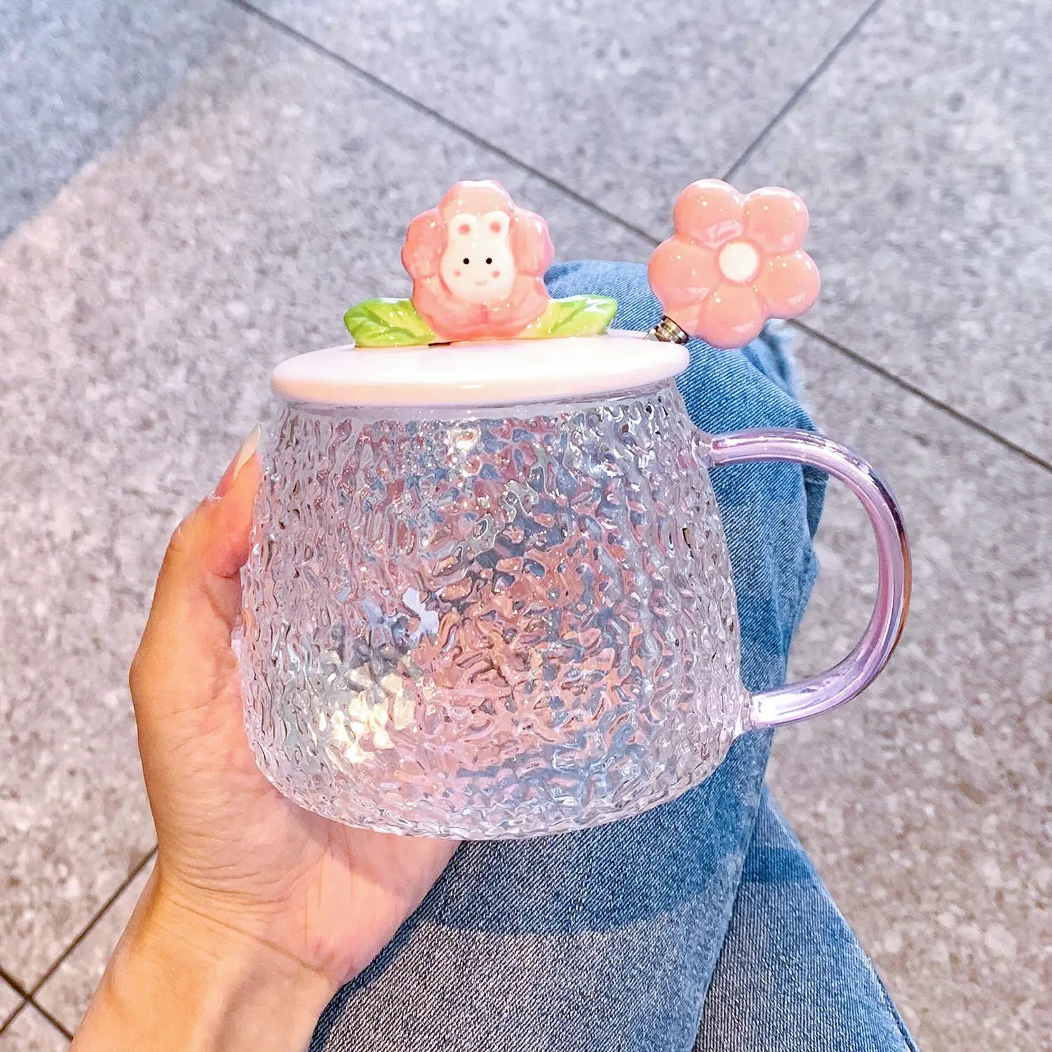 

Summer Heat Resistant Glass Cup ins High Beauty Mug with Lid Spoon Cute Water Cup Office Flower Tea Cup