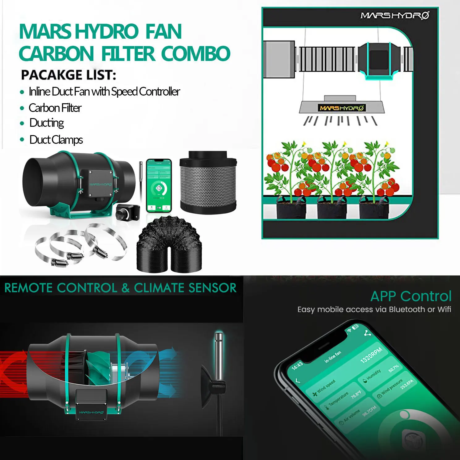 Mars Hydro Smart Ifresh 4'' 6'' Inline Ventilation Fan Kits Ducting Carbon Filter Grow Tent