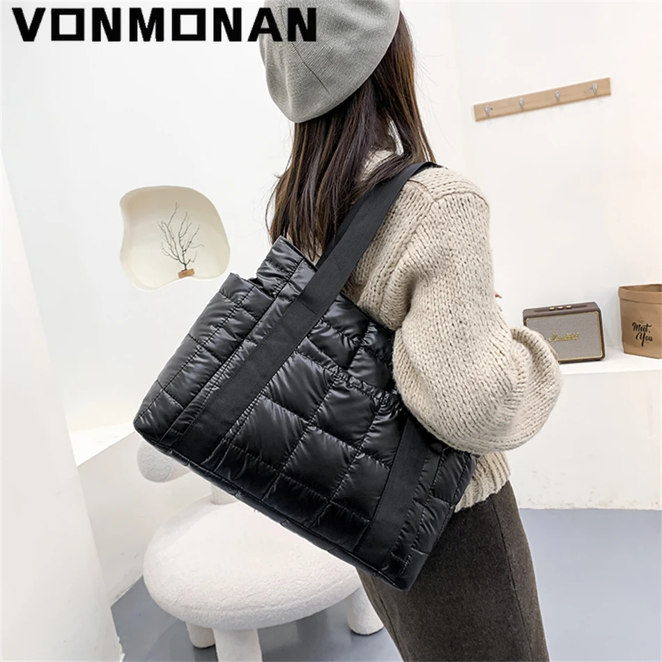 Winter Textured Padded Duffel Bag for Women 2022 Big Totes Plaid Shoulder Hand Bags Designer Handbags Space Cotton Shopper Sac