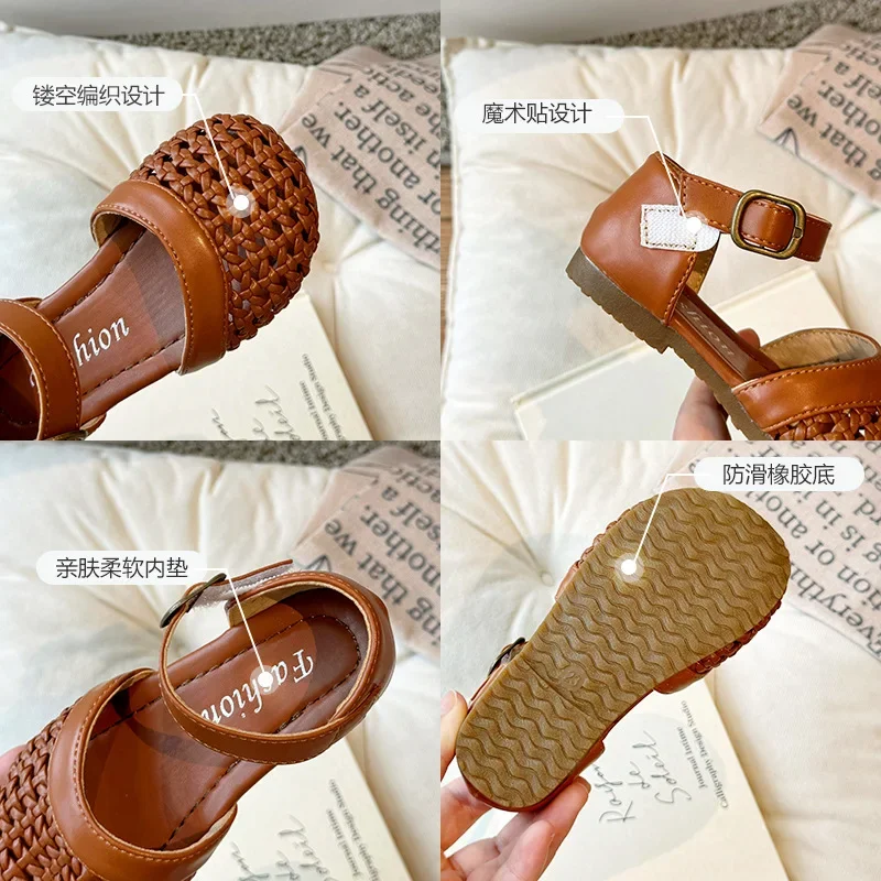 Children's Sandals Summer New Girls' Solid Color Woven Hollow Sandals Soft Bottom Anti Slip Baby Kid's Causal Beach Shoes