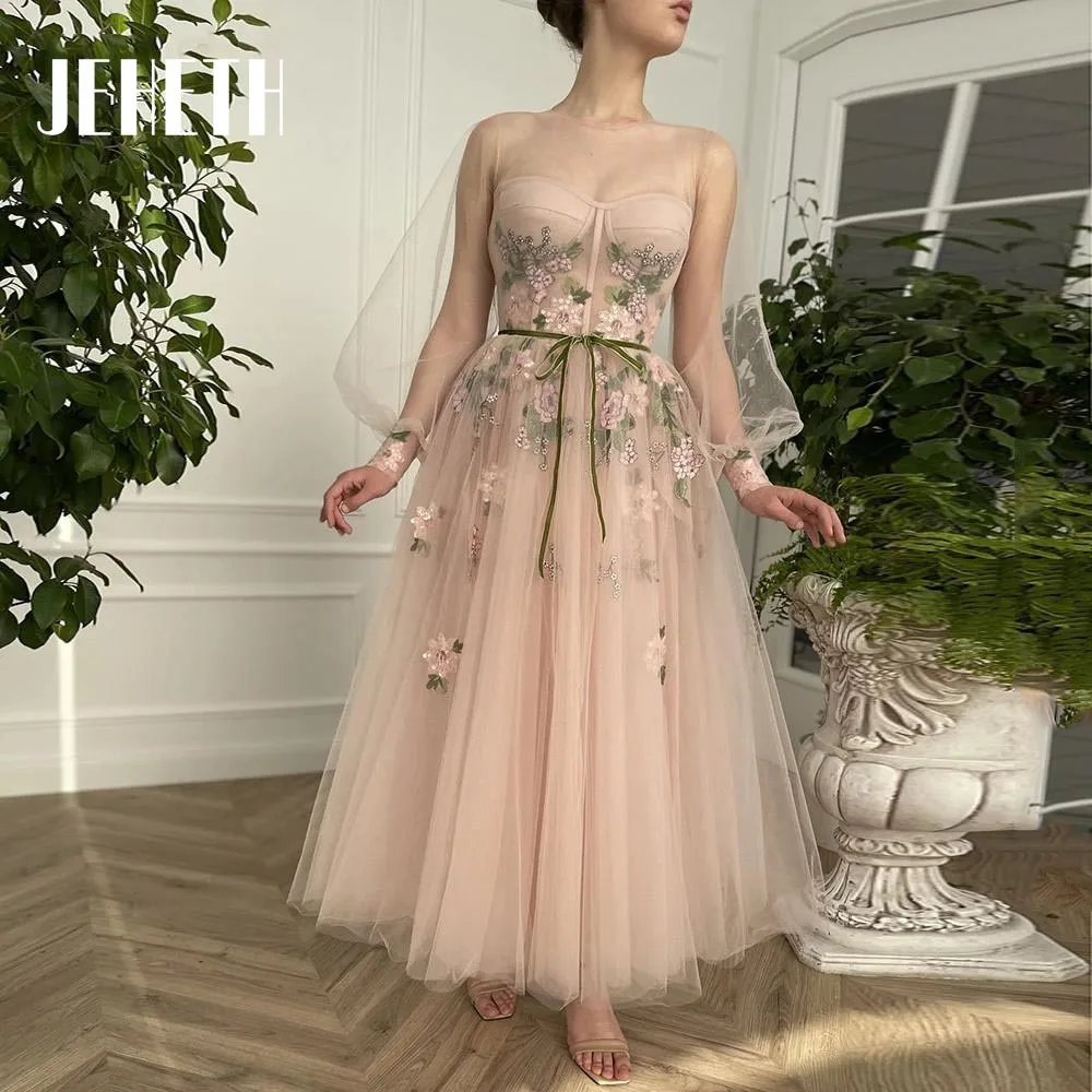 JEHETH Blush Pink Prom Dresses Long Puff Sleeves Illusion Sheer O-Neck Applique Party Ankle Length A-Line Evening Gown Vestidos