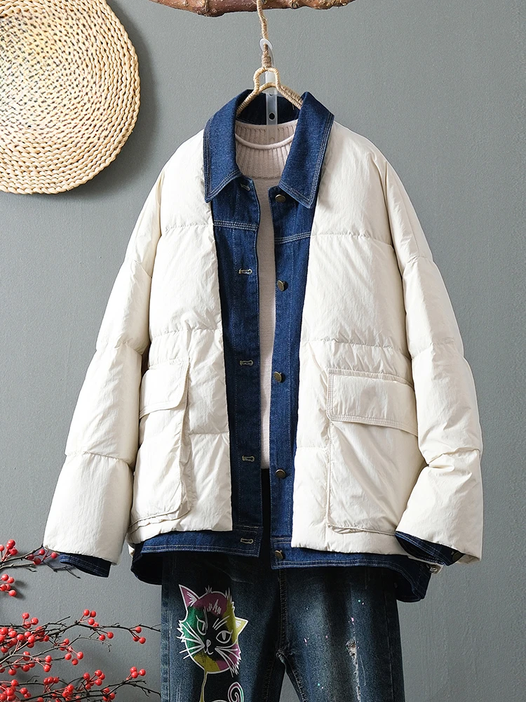 

Fitaylor Autumn Winter Casual Lady Lapel Single Breasted Jacket Female Denim Patchwork Puffer Parka Outwear White Duck Down Coat