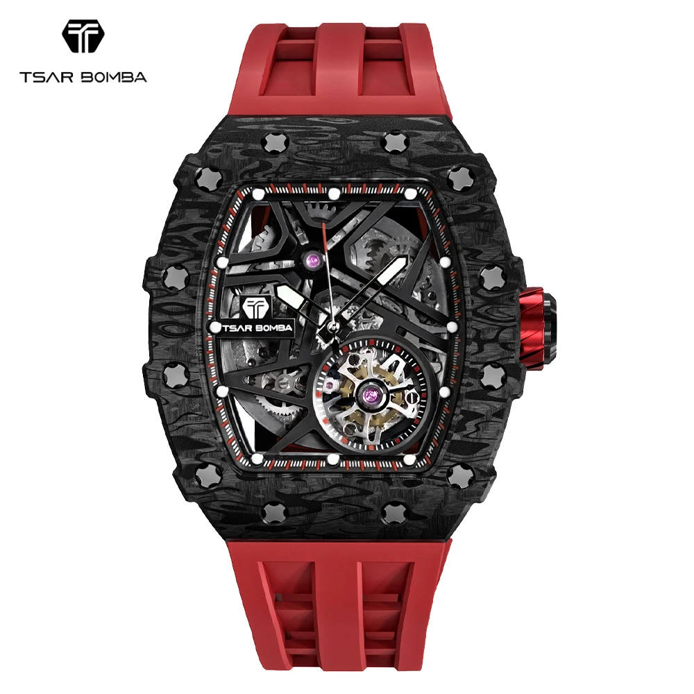 

Carbon Fiber Mens Automatic Watch TSAR BOMBA Waterproof Luxury Mechanical Wristwatch Skeleton Clock Tonneau Watch for Men