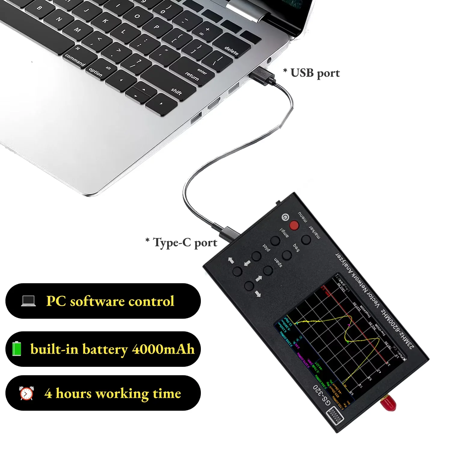 SA6 GS320 23-6200MHZ Handheld Vector Network Analyzer 10KHz Frequency Resolution PC Software Control 3.2"Touchscreen