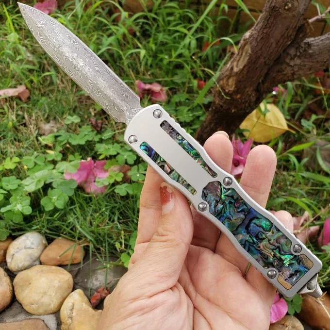 

Micro OTF Tech Knife Damascus Double Edge Blade 58-60HRC Hardness Abalone Handle Outdoor Camping Self Defense Pocket Knife