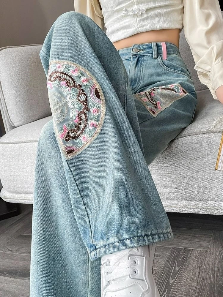 Autumn Winter New Chinese Embroidered Loose Straight wide-leg Women Elegant Daily Improved Vintage Ethnic Style Jeans Pants