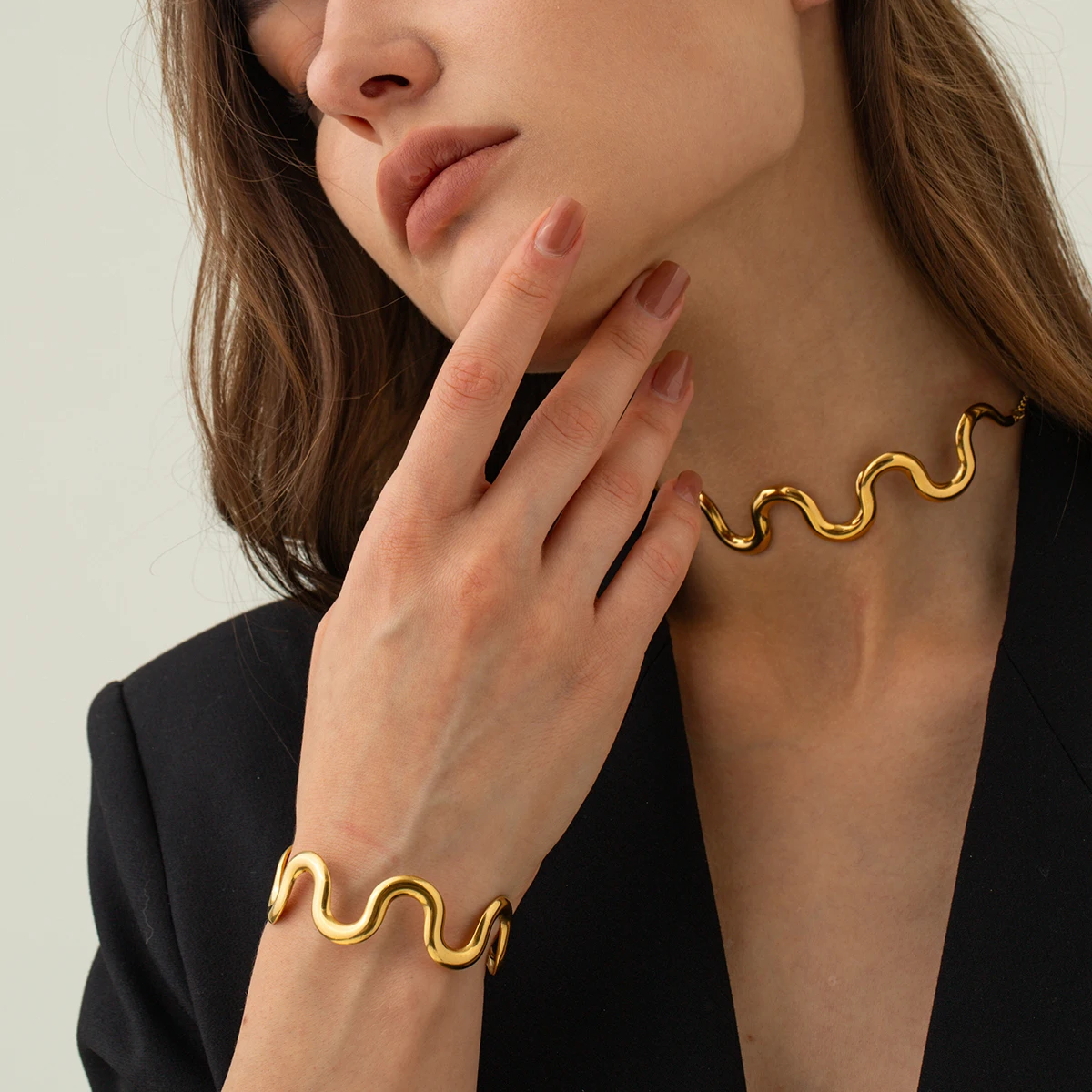 Fashion Stainless Steel Wave Bracelet Choker for Women Tarnish Free Jewelry, jewelry sets,jewelry set