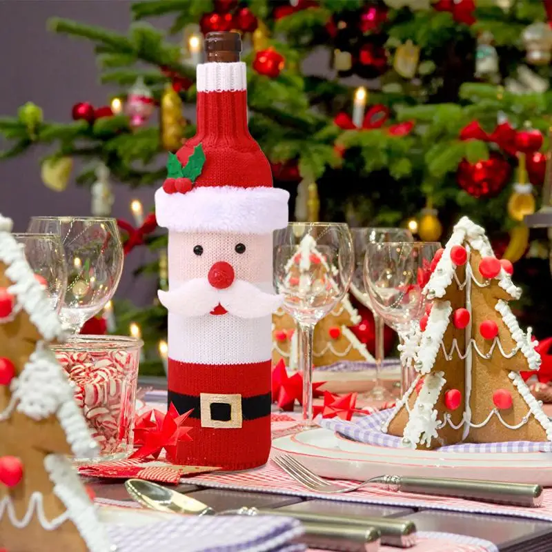 

2pcs Cute Christmas Wine Bottle Decor Santa Snowman Design Knitting Bottle Bags Christmas Wine Gift Bag Home Dinner Party Decor