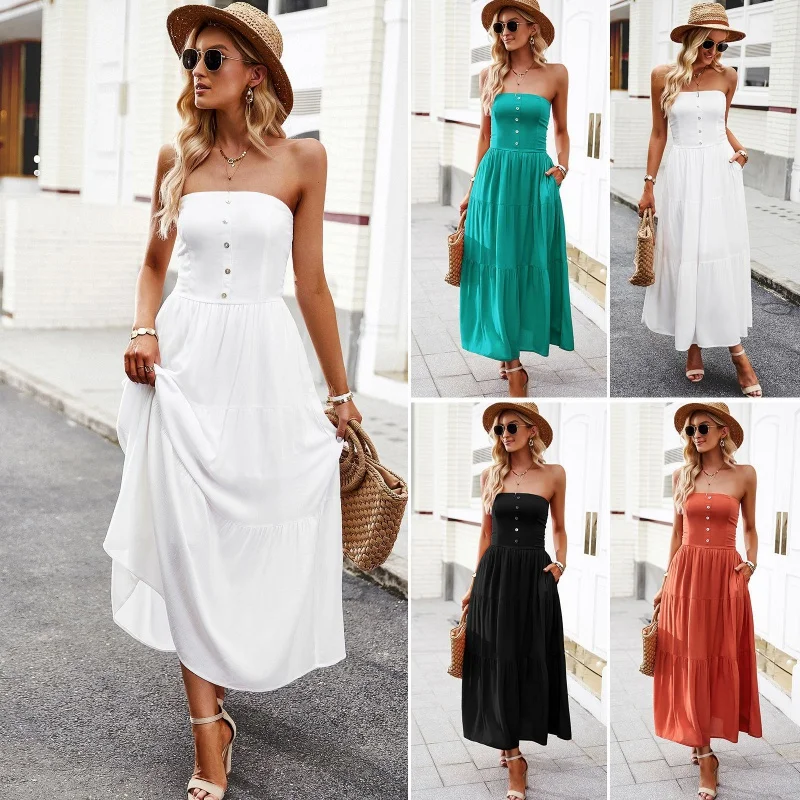 

DY-Tube Top Dress Summer Women's Solid Color Temperament Leisure Long Dress