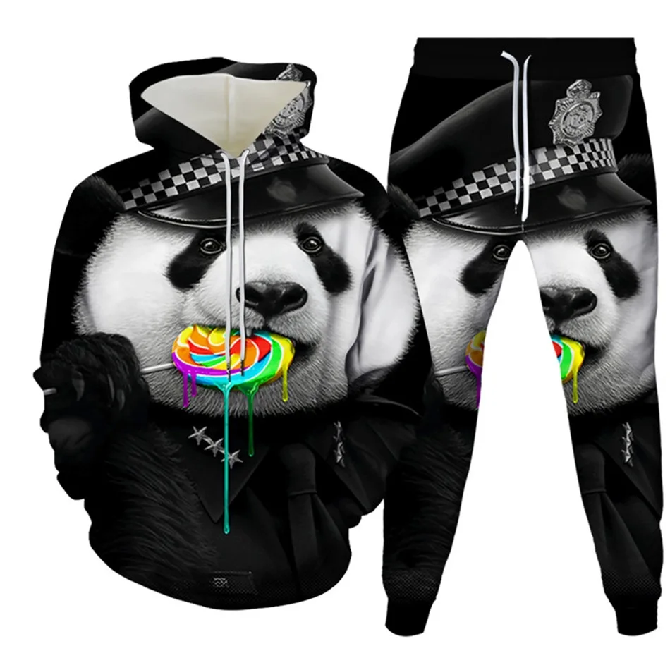 Autumn Men Hoodies+Pants Set Animal Panda Monkey Cartoon Sportswear Suit Women Tracksuits Clothing Casual Pullover High-quality 2
