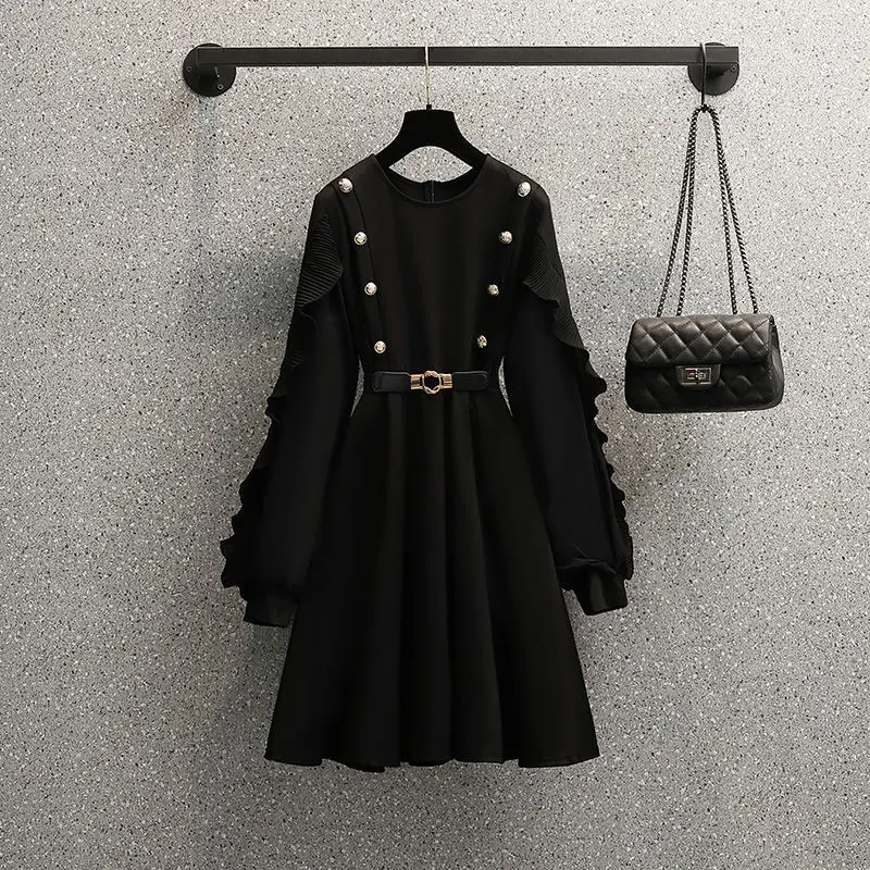 

New Spring Autumn Black Dress Women Elegant Ruffles Mid-length Party Prom Dresses Fashion Long Sleeve Vestido Female
