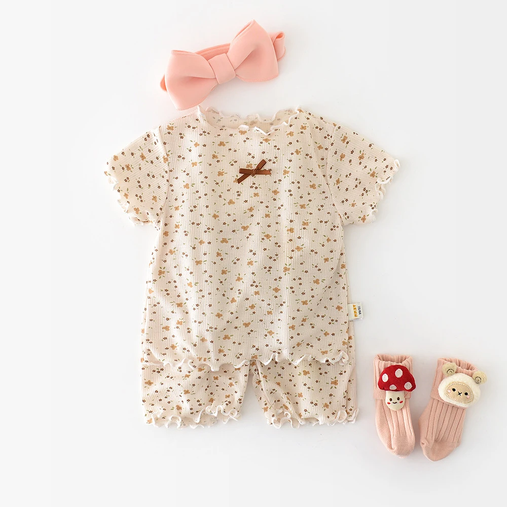 Cute Floral Baby Girls Short Sleeve Pajamas Set