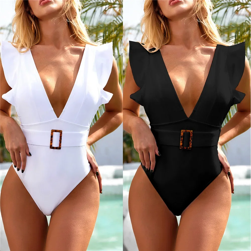 

Women Swimsuit One Piece Falbala Backless Sexy Bathing Suit Solid Color Bikini Female Padded Swimwear White Black Blue monokini