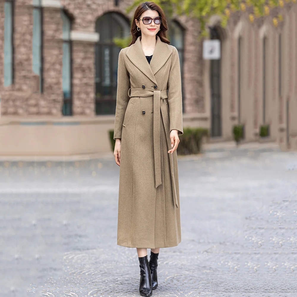 New Women Autumn Winter Khaki Wool Blended Overcoat Elegant Fashion Turn-down Collar Slim Woolen Coat Simplicity Long Topscoat