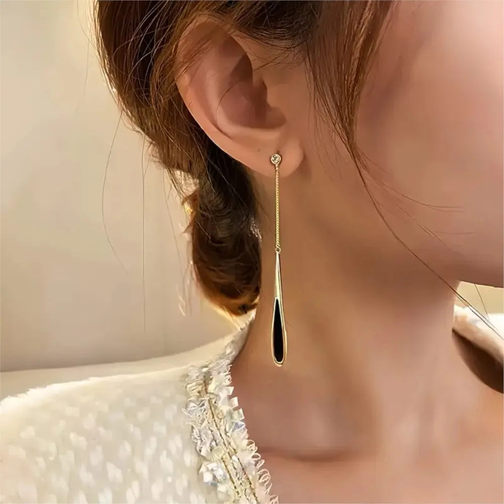 Simple Fashion Black Tassel Waterdrop Earrings for Women Vintage Chic Design Hypoallergenic Steel Earrings Party Jewelry Gifts