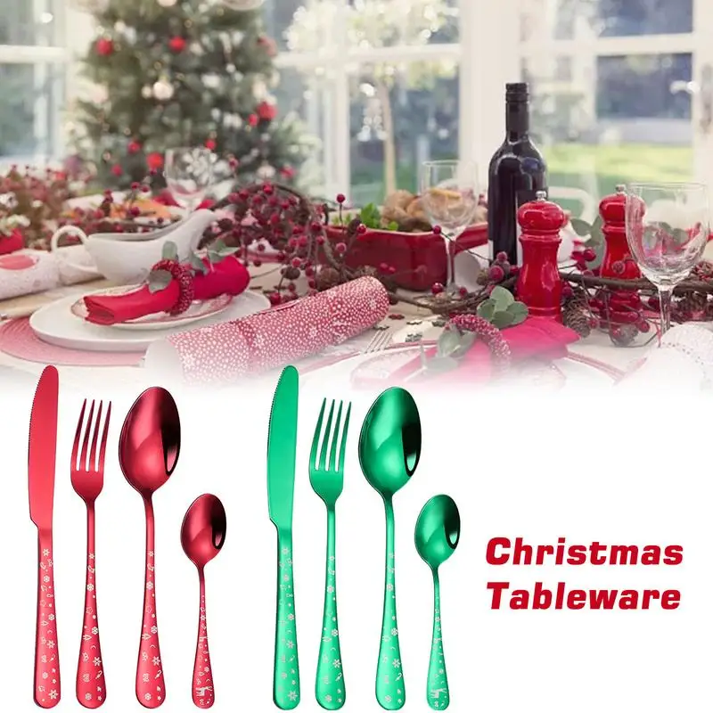 4pcs/set Christmas Flatware Set Stainless Steel Red Green Dinnerware Knife Fork Spoon Cutlery Dishwasher Safe