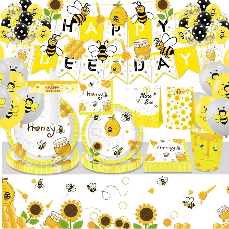 

Honey Bee Themed Paper Plate Cup Candy Box Banner Cake Toppers Balloon For Kids 1st Bee Happy Birthday Party Decoration Supplies