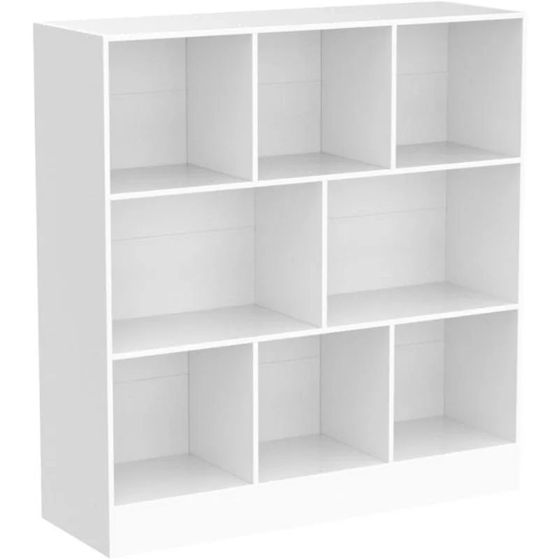 3 Tier Bookshelf,Wide Modern Horizontal Bookcase,Wood Low Book Shelf,Wide Display Storage Cabinet with Base