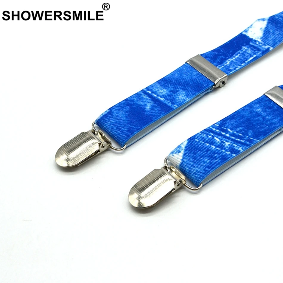 SHOWERSMILE Boys Suspenders Print Denim Blue Braces And Bow Tie Set Children Leather 4 Clips Elastic Adjustable Kid Pants Strap