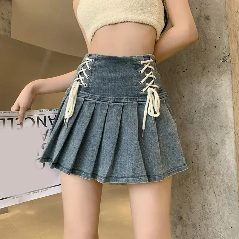 

Джинсовые плиссированные юбки, модная женская бандажная юбка-трапеция в Корейском стиле с завышенной талией, милые сексуальные джинсы-карго, мини-юбка, летняя Y2k для девочек