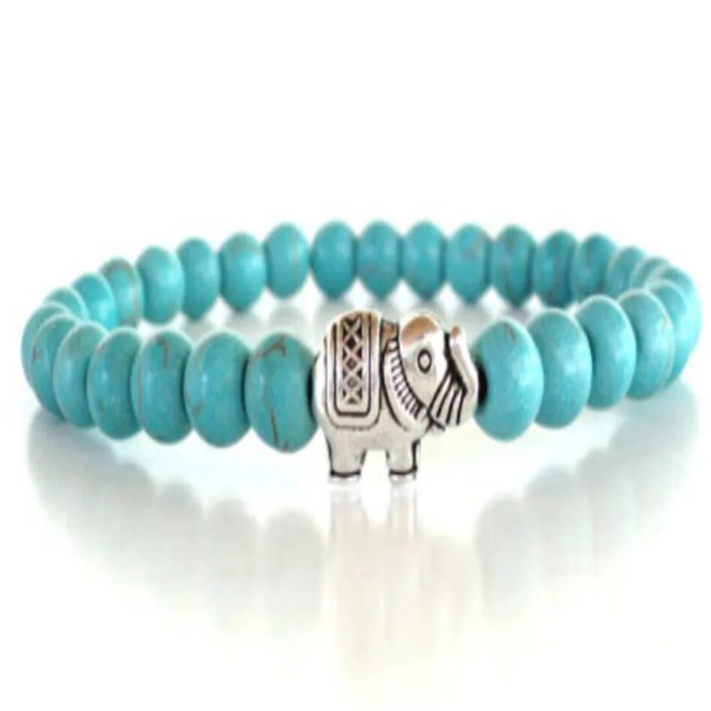 6mm Turquoise Gemstone Elephant Mala Bracelet 7.5inches Unique Chain Ethnic Handmade Gift Prayer