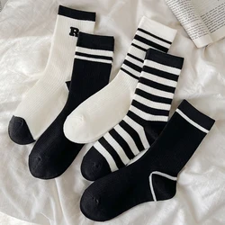 Black and White Striped Medium Tube Socks for Women Sports Versatile Spring Summer Campus Sock Fashion Clothing Accessories