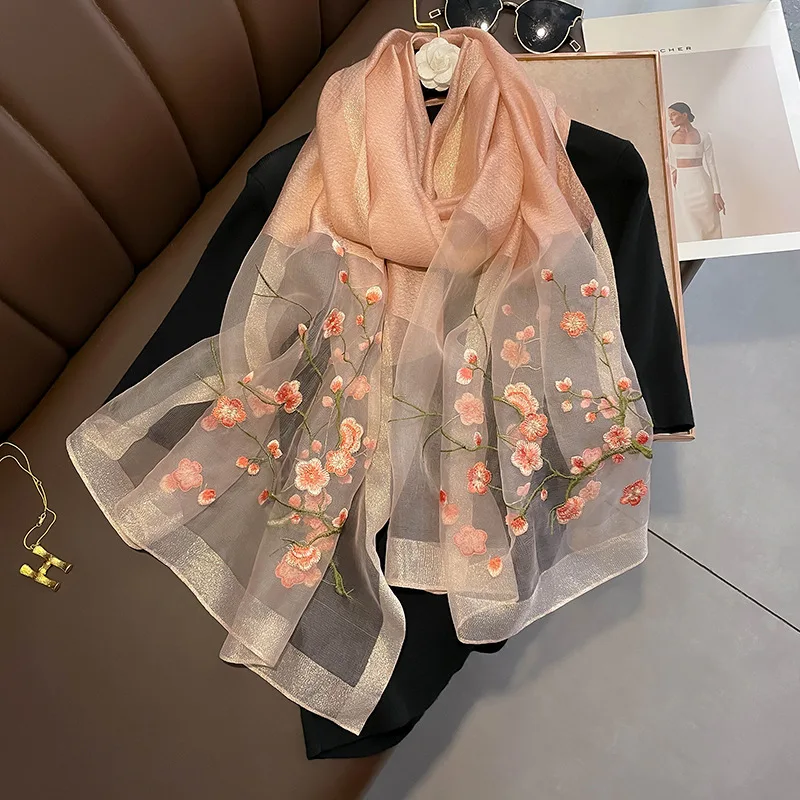 

2023 Summer Long Silk wool Scarf Shawl Wraps Female Fashion Beach Stoles Hijab Pashmina Bufanda Ladies Folral embroidery Scarves
