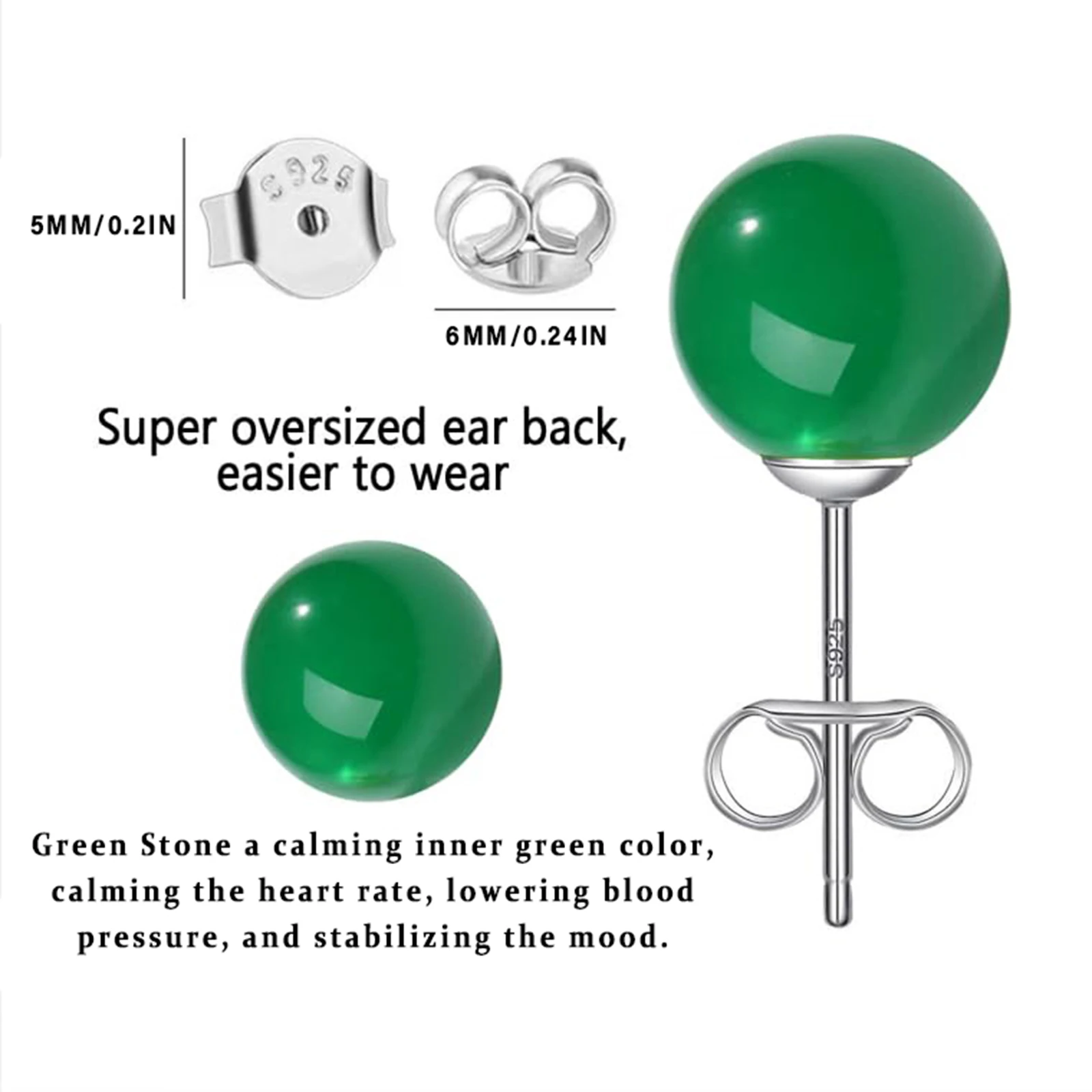 Natural green jade stone round 925 sterling silver earrings, simple and fashionable